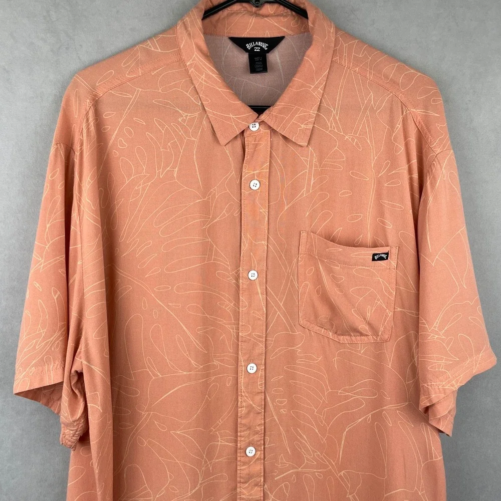 Billabong Patrick Mens L Peach Monstera Leaf Tropical‎ Viscose Button Down Shirt